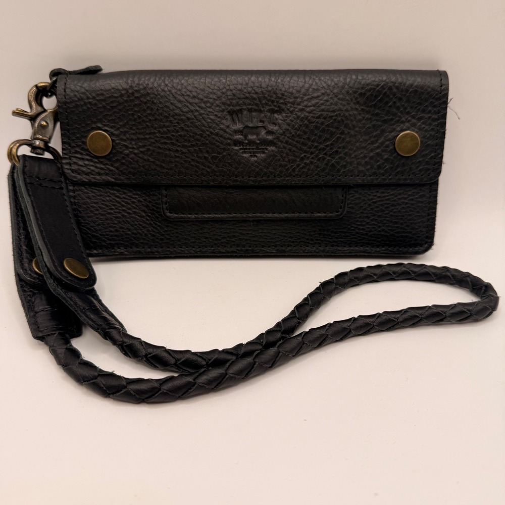Will Leather Goods Black Pebbled Leather Wristlet Clutch Wallet Braided Strap